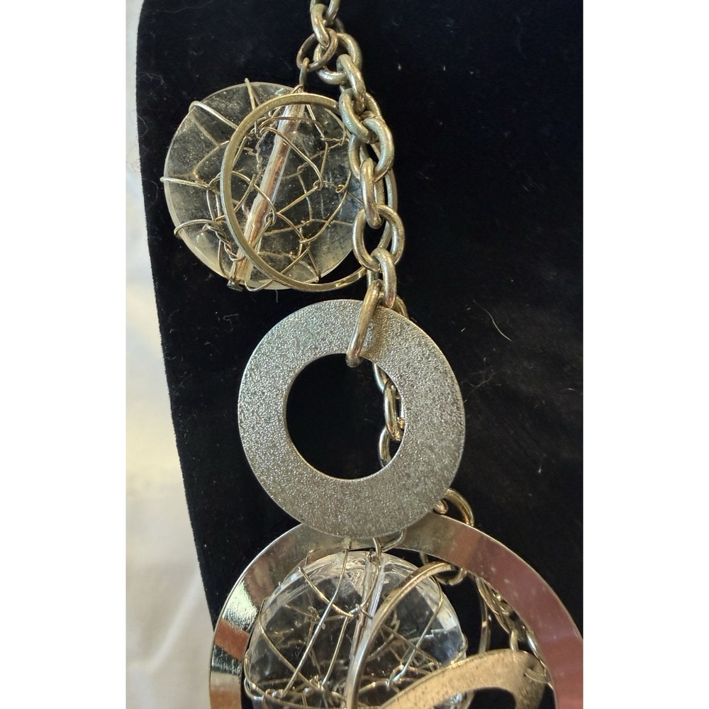 Artsy Mixed Metal Statement Necklace Geometric Circles Clear Beads Modern Boho - Picture 2 of 7